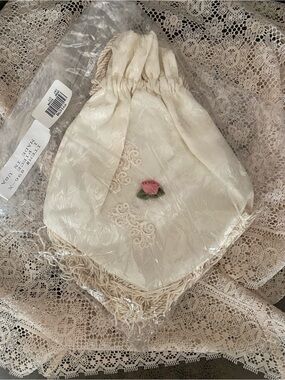 Vintage Shell Kepler Ivory Drawstring Satin Evening Bag with Pink Rose Accent